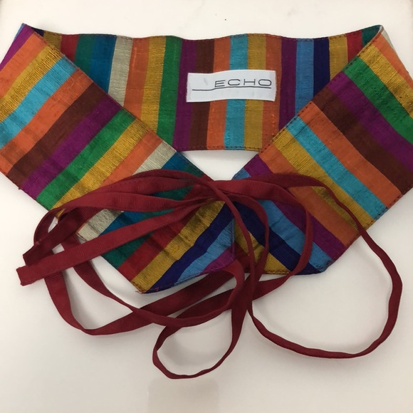 ECHO Made in Italy Lovely Red Yellow Blue Stripe Silk Belt - Picture 1 of 6